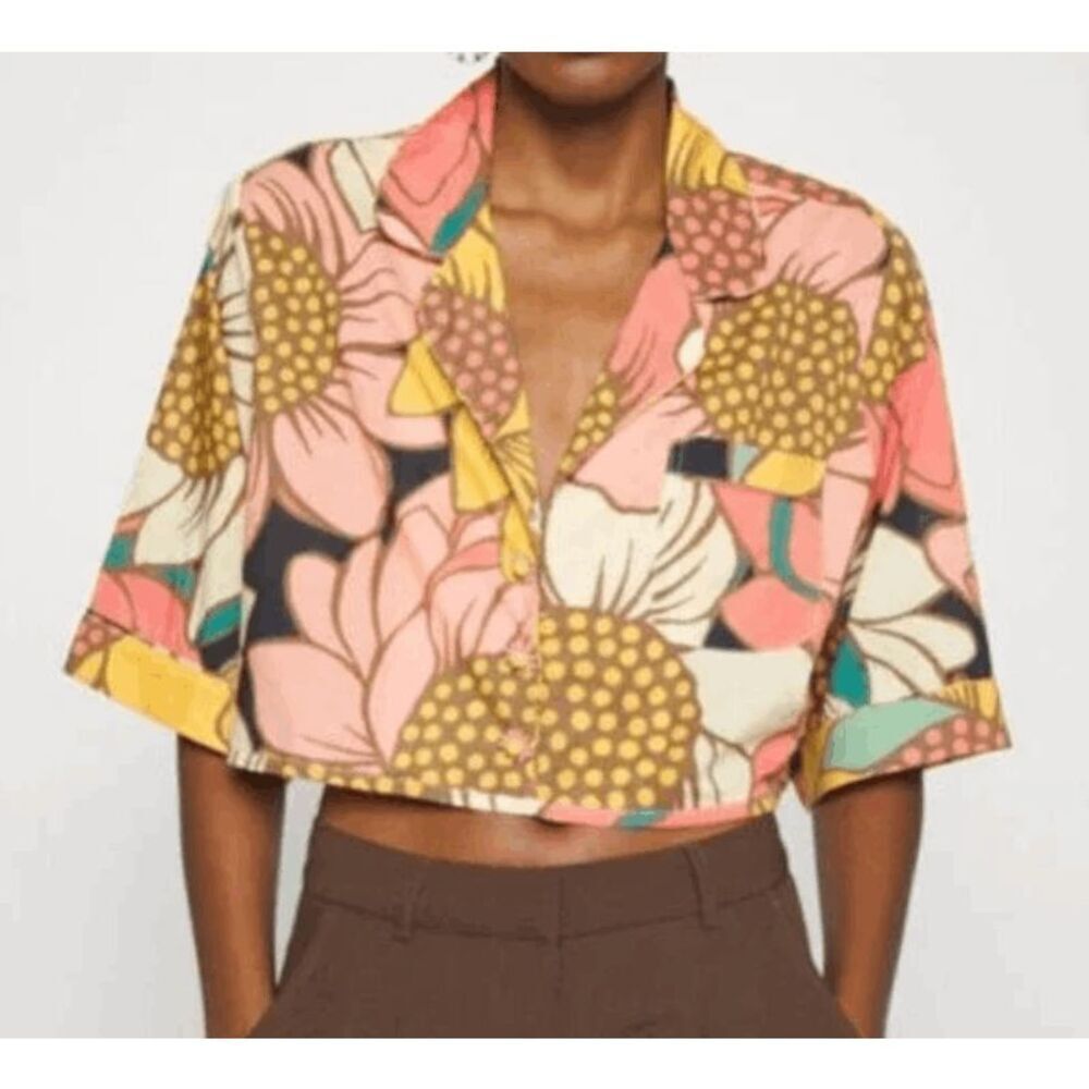 Farm Rio Colorful Sunflowers Shirt Floral Button Front Collared Short Sleeve XS